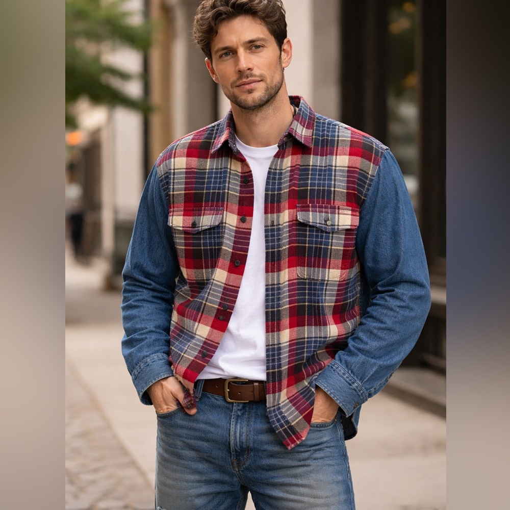 Polo Ralph Lauren Vintage 90s Plaid Flannel Denim Sleeve Shirt Size L